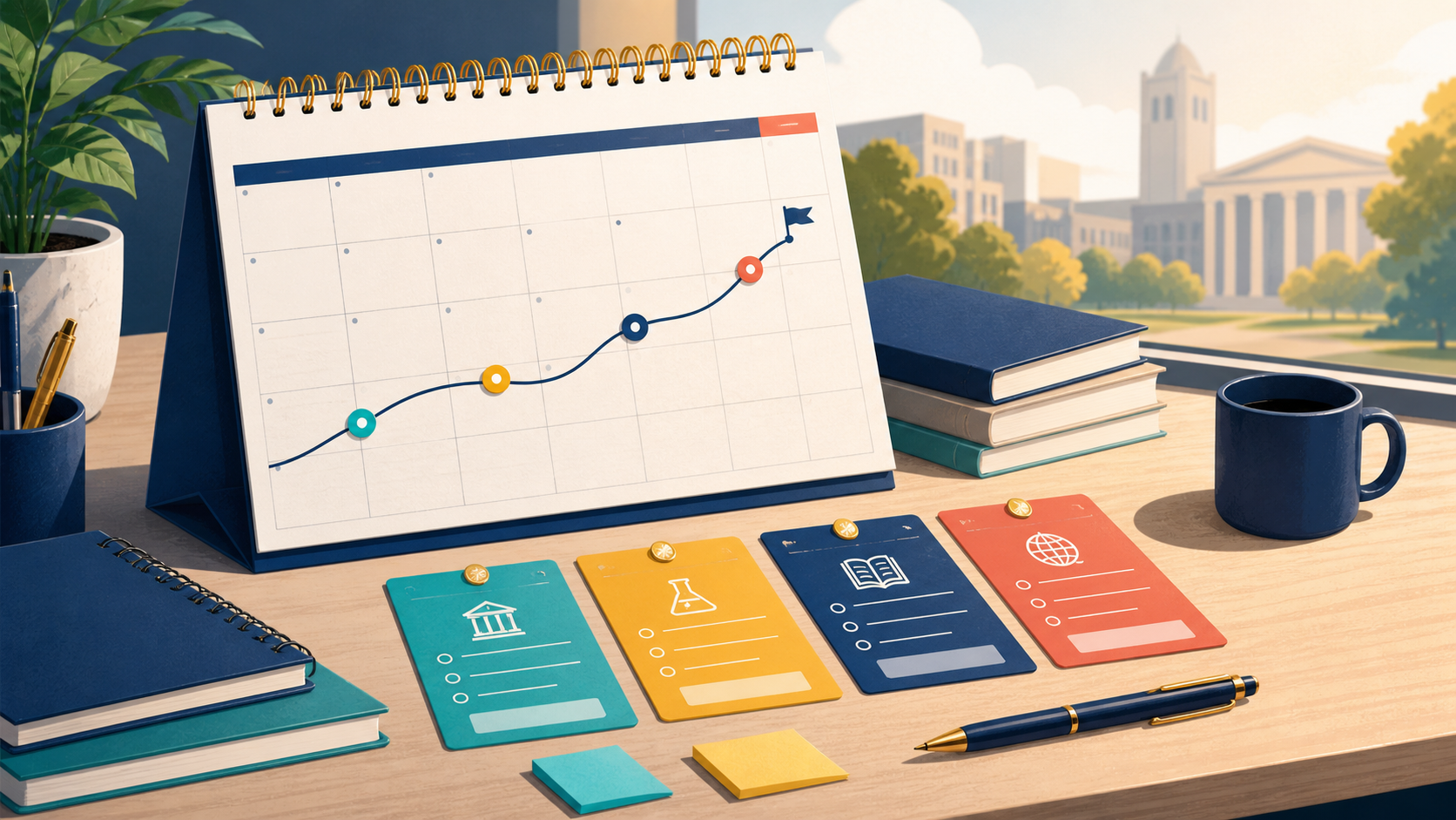 Calendário visual com quatro rotas de provas e materiais de estudo