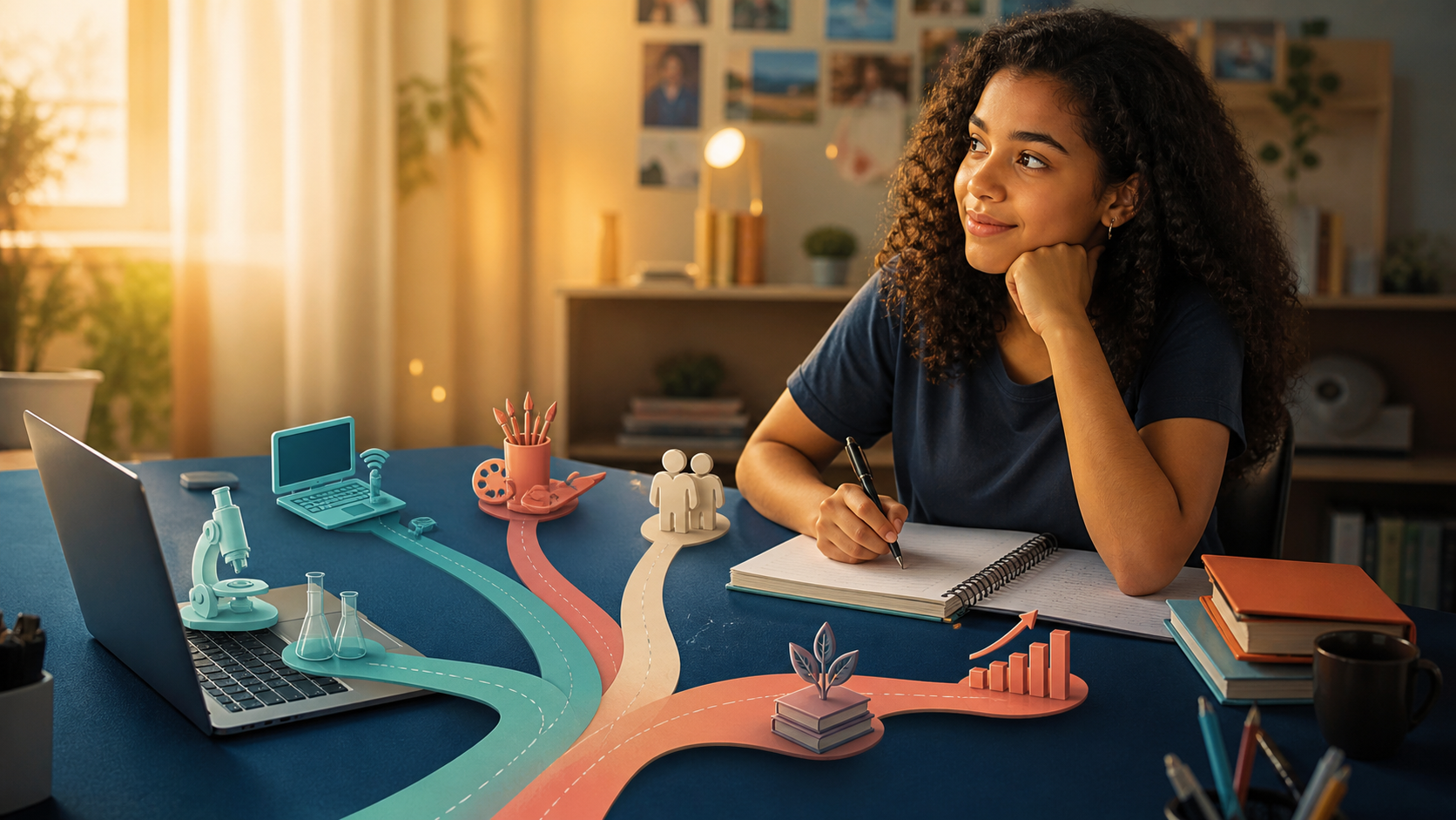 Estudante explorando diferentes caminhos universitários e profissionais