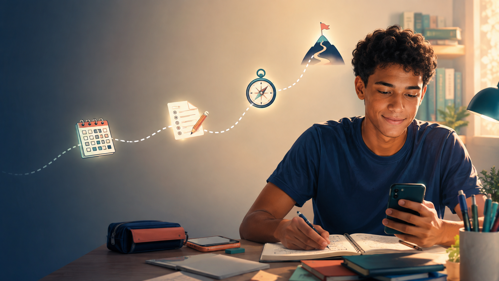 Jovem vestibulando organizando os estudos com uma rota que liga calendário, tarefas e objetivo