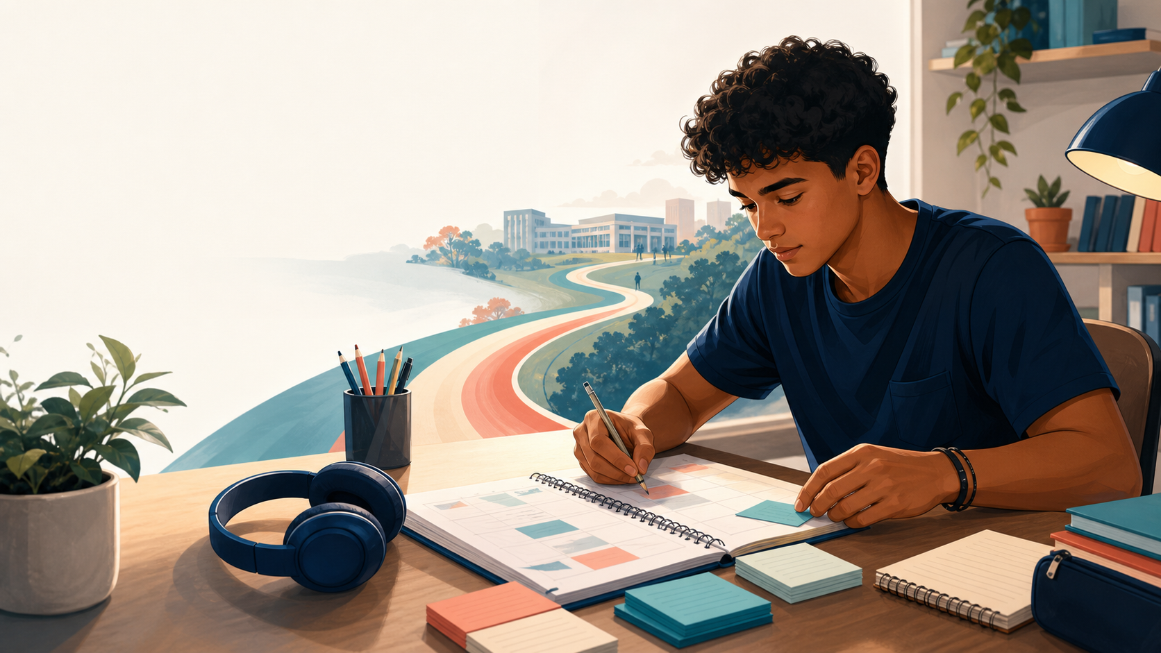 Estudante organizando uma rota de estudos para o vestibular